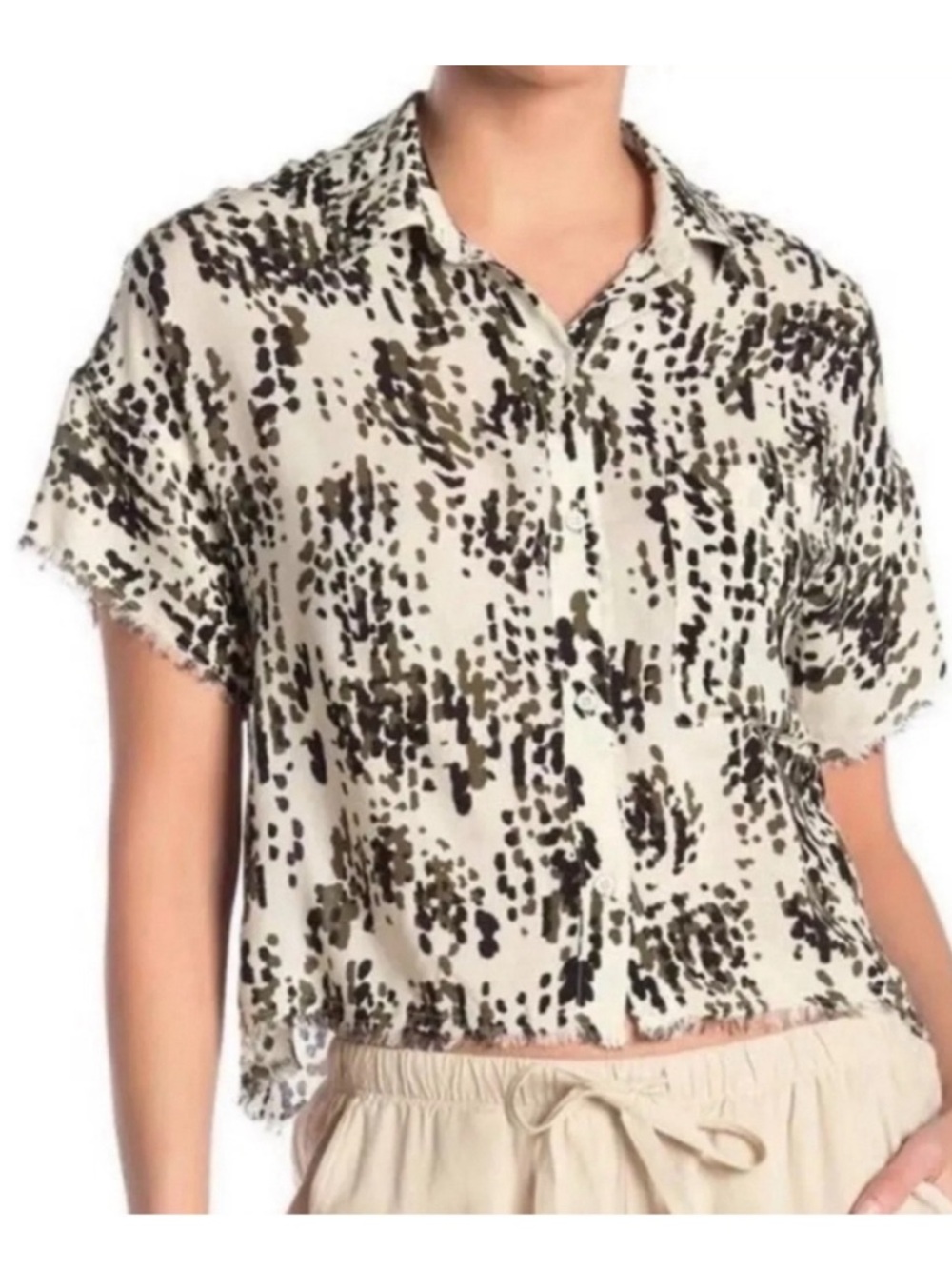 Anthropologie Cloth & Stone Spotted Boxy Button Down Blouse Frayed Hem Size M
